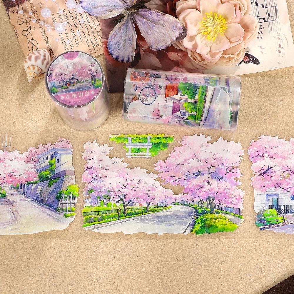 Washi tape, pet tape, landscape, building, japanese, blossom